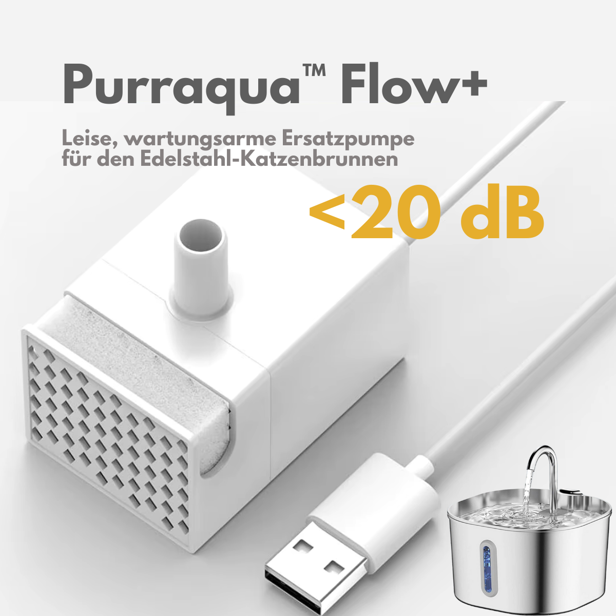 Purraqua™ Flow+ – Leise Ersatzpumpe für Edelstahl-Katzenbrunnen